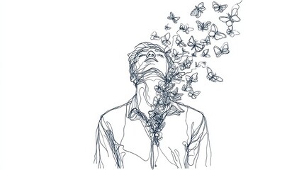 Lineart human emotion with butterflies emerging from throat