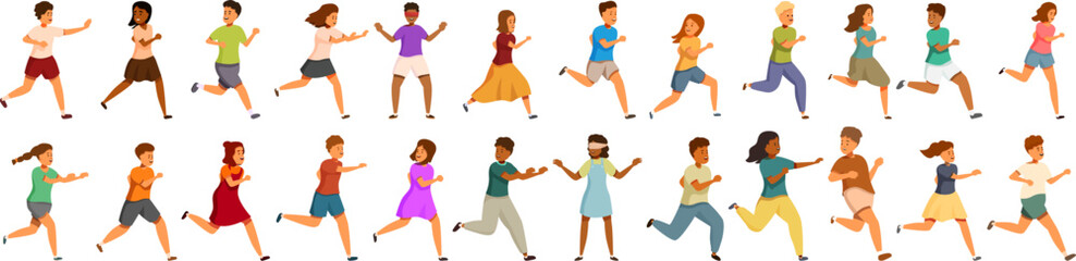 Kids playing tag icons set. People running and playing blind man s bluff, enjoying leisure time together
