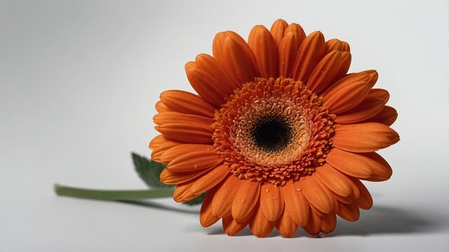 Bright Orange Gerbera Daisy With Dewdrops on Petals Against a Soft White Background During Daylight Hours