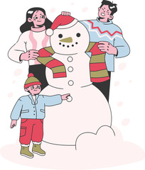 Family snowman winter snow holiday fun christmas happy together child parent season cold outdoor activity vector art illustration and png 