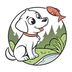 Cute Cartoon Puppy Sitting and Smiling – Happy Dog Mascot Illustration , pet logo design .