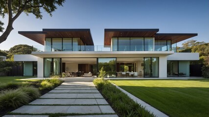 Modern Architectural Design Showcased in a Luxury House With Large Windows Surrounded by Landscaped Gardens During Daylight