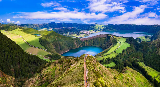 Aerial 4K Cinematic View of Sete Cidades Emerald Lakes and Boca do Inferno Viewpoint &mdash; Volcanic Craters and Lush Green Caldera Landscape in Sao Miguel Azores Portugal