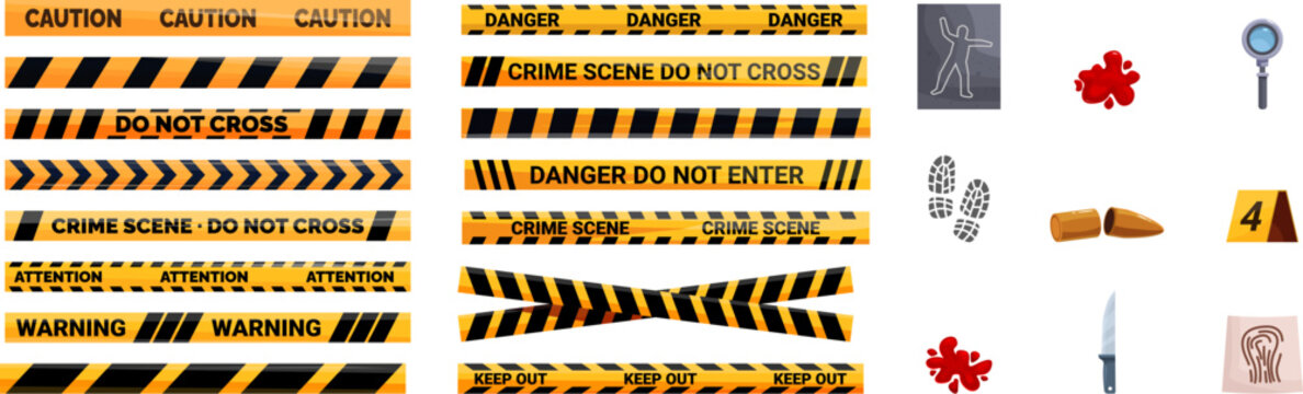 Crime scene tape icons set. Barrier tapes, chalk outline, blood stains, magnifying glass, footprints, bullet casing, evidence marker, knife and fingerprint representing a crime scene investigation