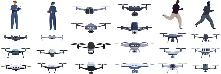 Obraz na płótnie Canvas Police drone icons set. Police officers using drones with camera for surveillance and chasing criminals