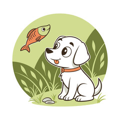 Cute Cartoon Puppy Sitting and Smiling – Happy Dog Mascot Illustration , pet logo design .