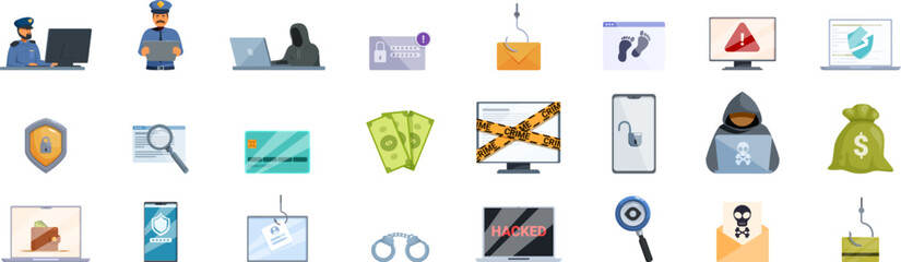 Cybercrime investigation icons set. Icons representing cyber security, online fraud, and cyber crime prevention measures, highlighting digital threats and protective strategies © nsit0108