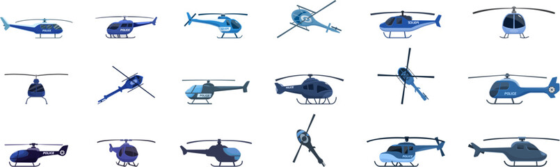 Police helicopter icons set. Set of police helicopters patrolling, rescuing, and serving the community © nsit0108