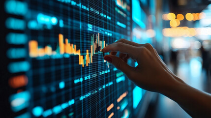 Hand Interacting With Financial Data On Interactive Display
