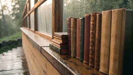 Books on a shelf, spines warped by moisture — gentle disorder and beauty