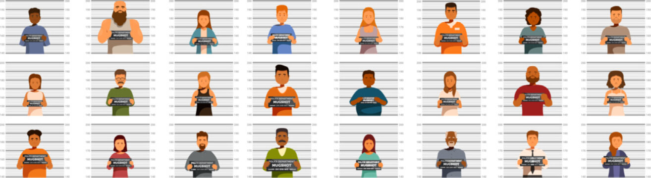 Criminal line up icons set. Group of diverse criminals posing for mugshots with identification boards in a police station