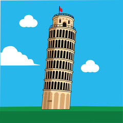Flat Vector Illustration of Leaning Tower of Pisa with Blue Sky and Clouds