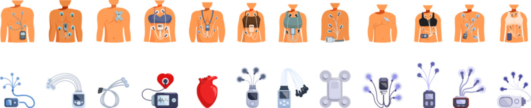 Holter monitor icons set. Collection of holter monitor and cardiac event recorder devices used for detecting and recording heart activity