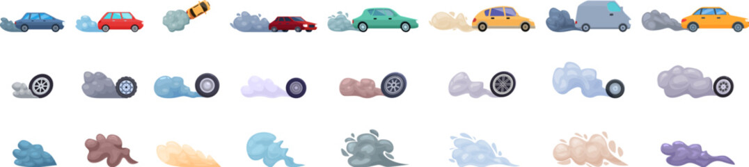 Tire smoke icons set. Different cars and wheels are emitting smoke and exhaust fumes, representing air pollution and environmental damage © nsit0108