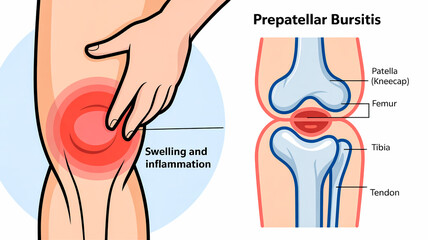 A medical illustration showing Prepatellar Bursitis, also known as Housemaid's Knee or Plumber's Knee