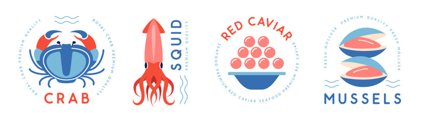 Set of modern seafood logo, label or emblem design with crab, squid, red caviar and mussels. Vector illustration