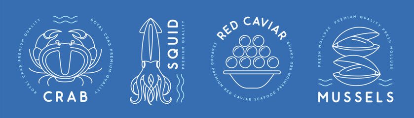 Set of modern line art seafood logo, label or emblem design with crab, squid, red caviar and mussels. Vector illustration