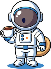 Cute Astronaut Holding a Cup of Coffee &ndash; Space Cartoon Vector Illustration