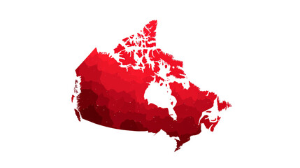 Map of Canada represented as a red silhouette highlighting its distinct geographical features and regions clearly