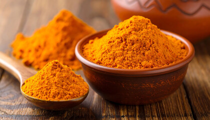 Spoonful of Bright Orange Powder Next to Ceramic Bowl