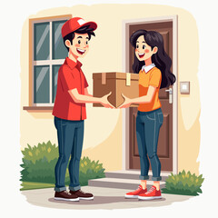 Delivery person handing package to smiling woman at home doorway  