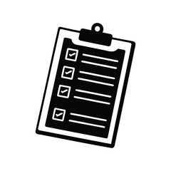 Black and white clipboard icon with checklist and checkmarks filled in