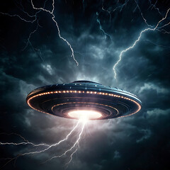 An abstract flying saucer emerging from a swirling vortex in the sky, surrounded by lightning and glowing energy fields, high contrast, science fiction style