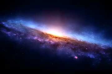 Fototapeta premium A blue and purple galaxy with stars in the background. A white light shines from behind it, illuminating part of its surface. An orange glow can be seen on one side,