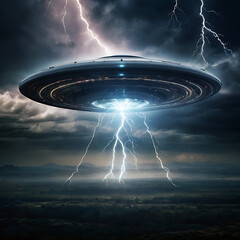 An abstract flying saucer emerging from a swirling vortex in the sky, surrounded by lightning and glowing energy fields, high contrast, science fiction style