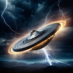 An abstract flying saucer emerging from a swirling vortex in the sky, surrounded by lightning and glowing energy fields, high contrast, science fiction style
