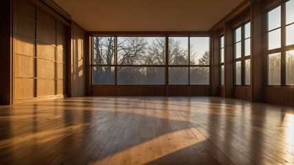Sunlight Bathes a Spacious Interior With Wooden Floors and Expansive Windows, Highlighting Tranquil Natural Surroundings at Dawn in an Elegant Architectural Setting
