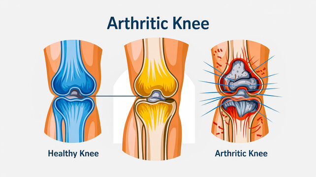A medical illustration showing the anatomy of a healthy knee and an arthritic knee. The image is divided into three sections side by side