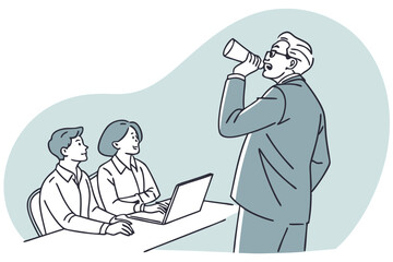 Senior businessman listening attentively in meeting, ideal for leadership, experience, or professional success ads.