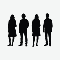 silhouettes of casually dressed young adults in a row on a white background. Simple, stylized vector graphic perfect for design, posters, and illustration use.
