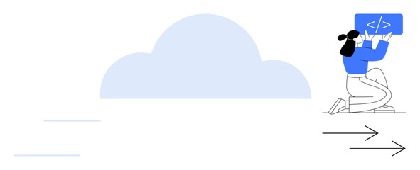 Woman holding a coding screen next to a cloud, symbolizing cloud computing, data transfer, and programming. Ideal for technology, coding, software development, cloud storage, IT solutions teamwork