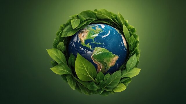 Global Unity and Nature's Embrace Showcased With Earth Encircled by Lush Green Leaves Against a Gradient Background Symbolizing Environmental Awareness