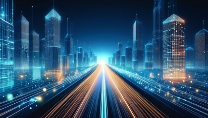 abstract road leading to modern city digitization concept virtual reality and communication