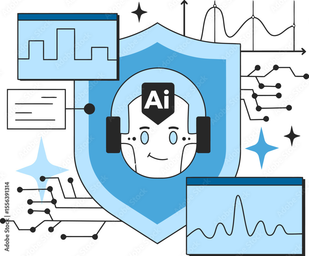 Poster ai security data protection shield technology intelligence learning analytics automation system robo