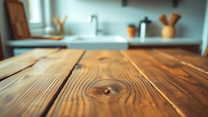 Obraz premium Rustic wooden table with visible grain texture, softly lit by daylight from a nearby window.