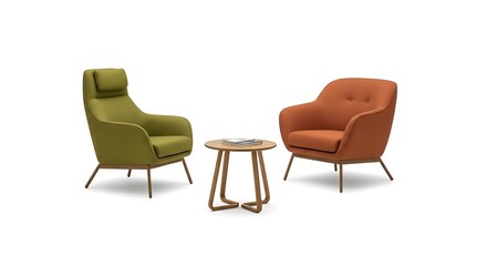 Arrangement of Two Armchairs and Table on White Background
