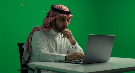 Thoughtful Arab businessman working on laptop against green screen