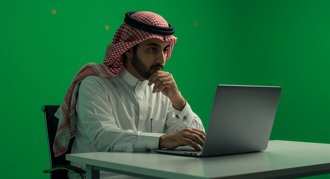 Thoughtful Arab businessman working on laptop against green screen