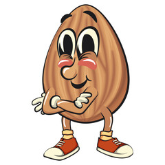 cute almond mascot cartoon vector illustration folding his arms calmly, isolated nut character for healthy food branding, packaging, and snack advertisement, work of hand drawn