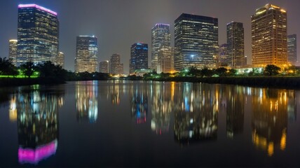 Fototapeta premium City Skyline Illuminated at Night With Reflective Water in the Foreground Showcasing Modern Architecture and Vibrant Lights Over Houston