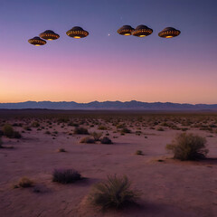 A fleet of glowing UFOs forming a geometric pattern above a desert landscape at twilight, soft pink and purple tones in the sky, mysterious and symmetrical