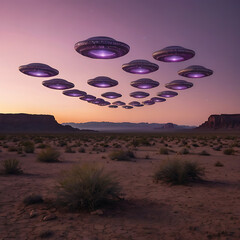 A fleet of glowing UFOs forming a geometric pattern above a desert landscape at twilight, soft pink and purple tones in the sky, mysterious and symmetrical