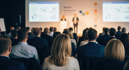 People listen at a business conference with speakers on stage and charts displayed, showcasing the presentation to a seated audience, transparent background