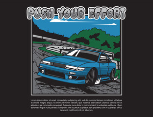 90s automotive car illustration with street view background for vector graphic image