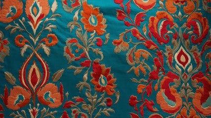 Colorful Floral Embroidery on Turquoise Fabric Showcasing Intricate Designs and Vibrant Hues, Perfect for Fashion or Home Decor Projects