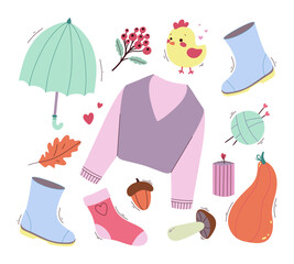 Autumn vector set. Cute illustration for cards, stickers, posters, wrapping paper, scrapbooking and other fall design